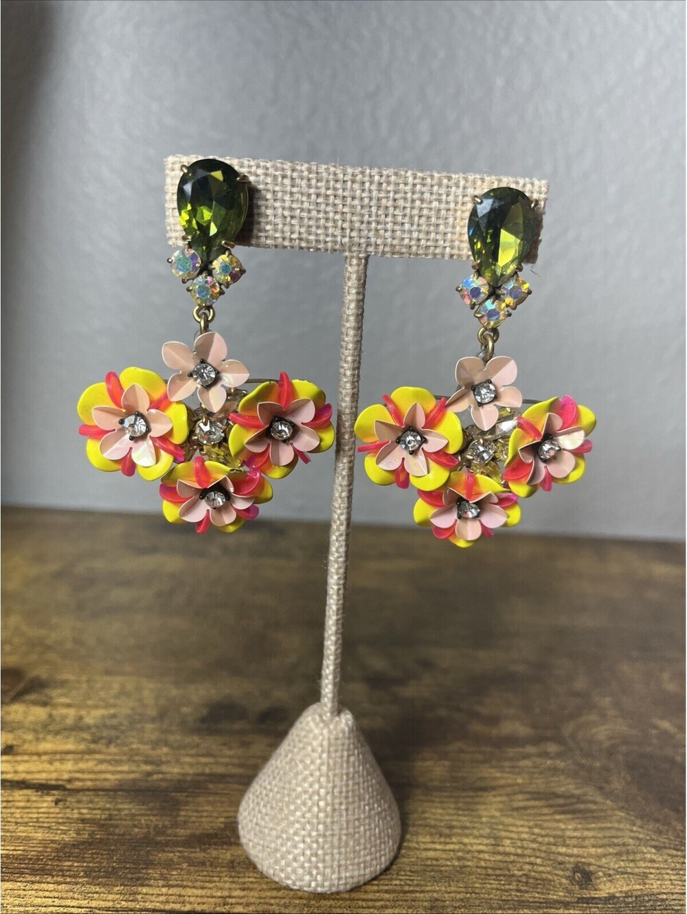 J.Crew Floral Statement Earrings Yellow Pink Green Rhinestone Crystal Drop